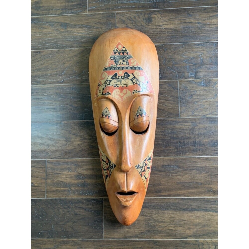 Vintage Wood Mask Hand Carved Folk Art African Latin Tribal Indonesian Wall Face